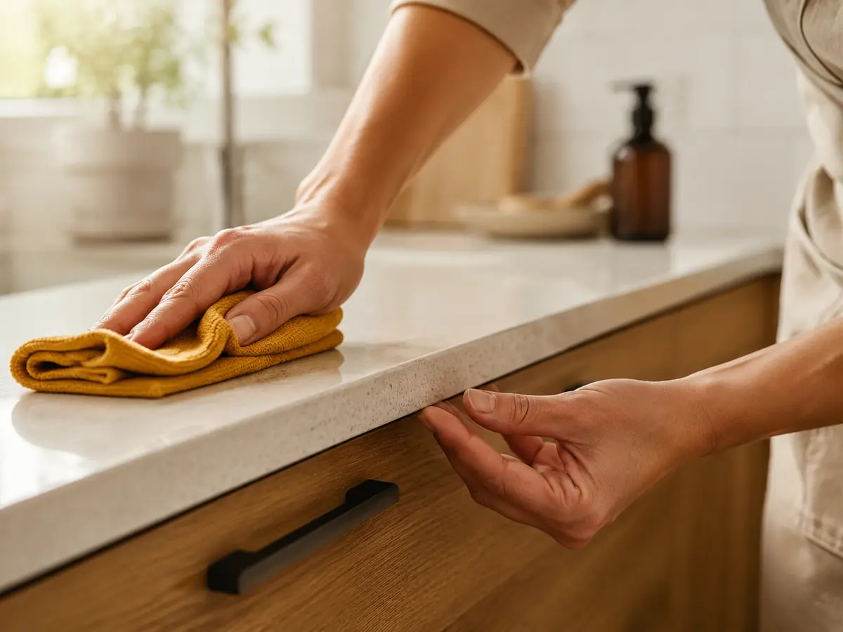 Careful cleaning of the edge of a kitchen worktop