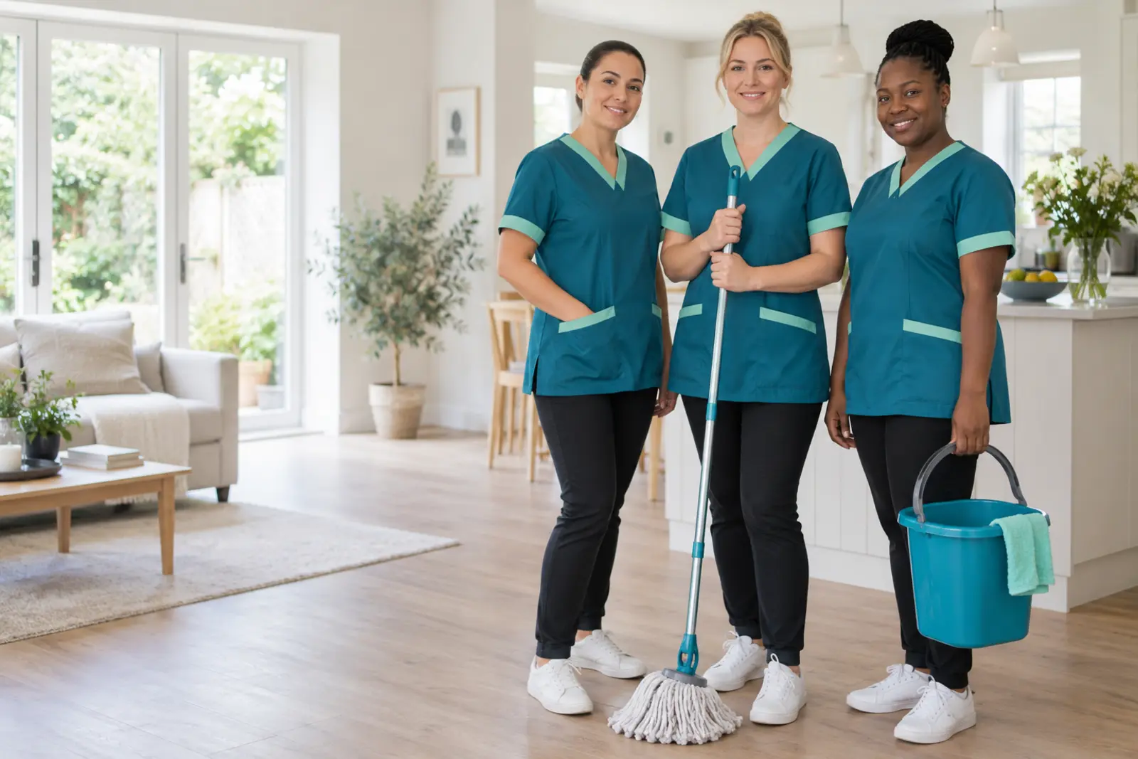 Illustrative image of professional cleaners in teal uniforms